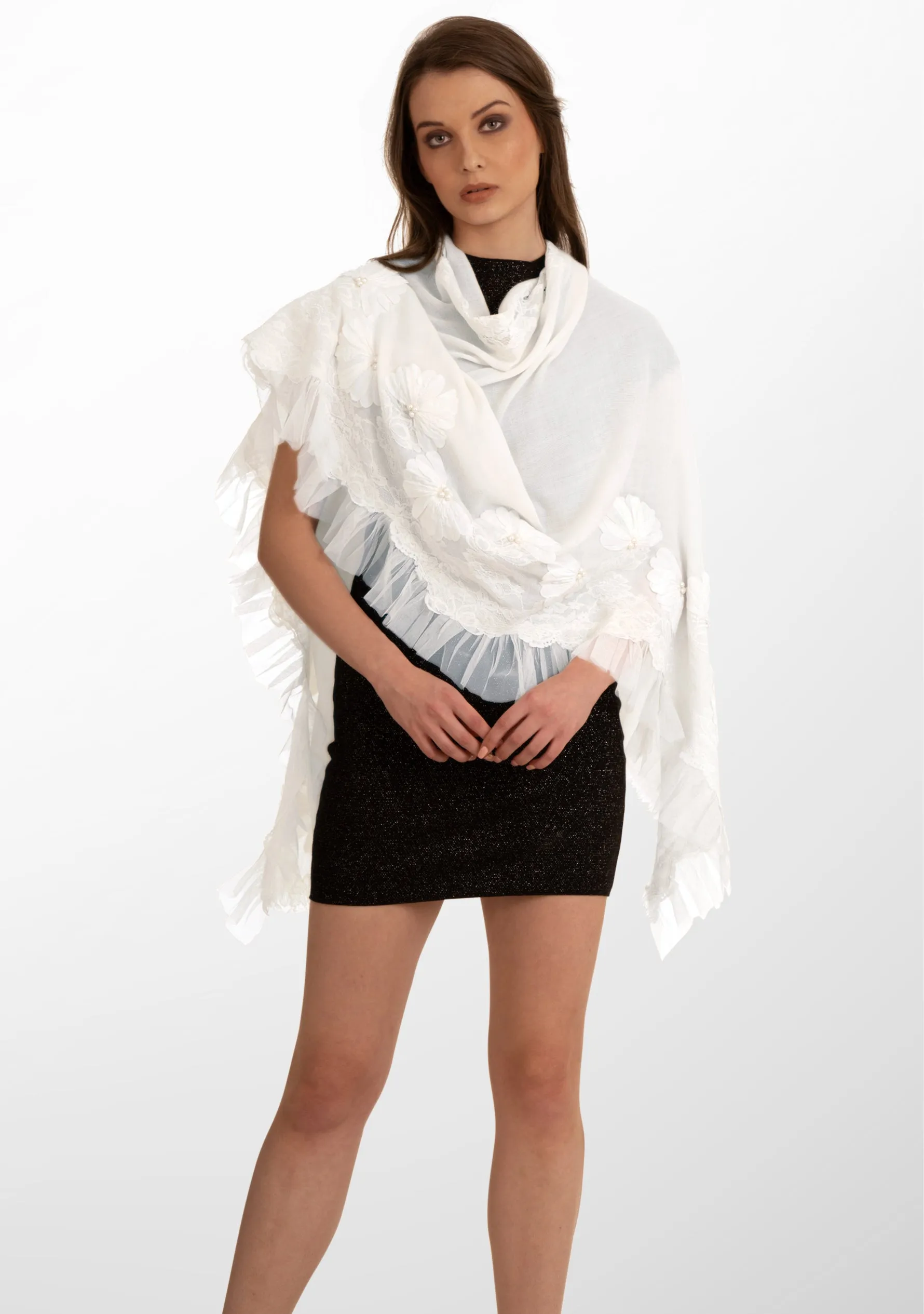 Ivory Cashmere Scarf with Pearls, Embroidery, Frill and Lace Detailing