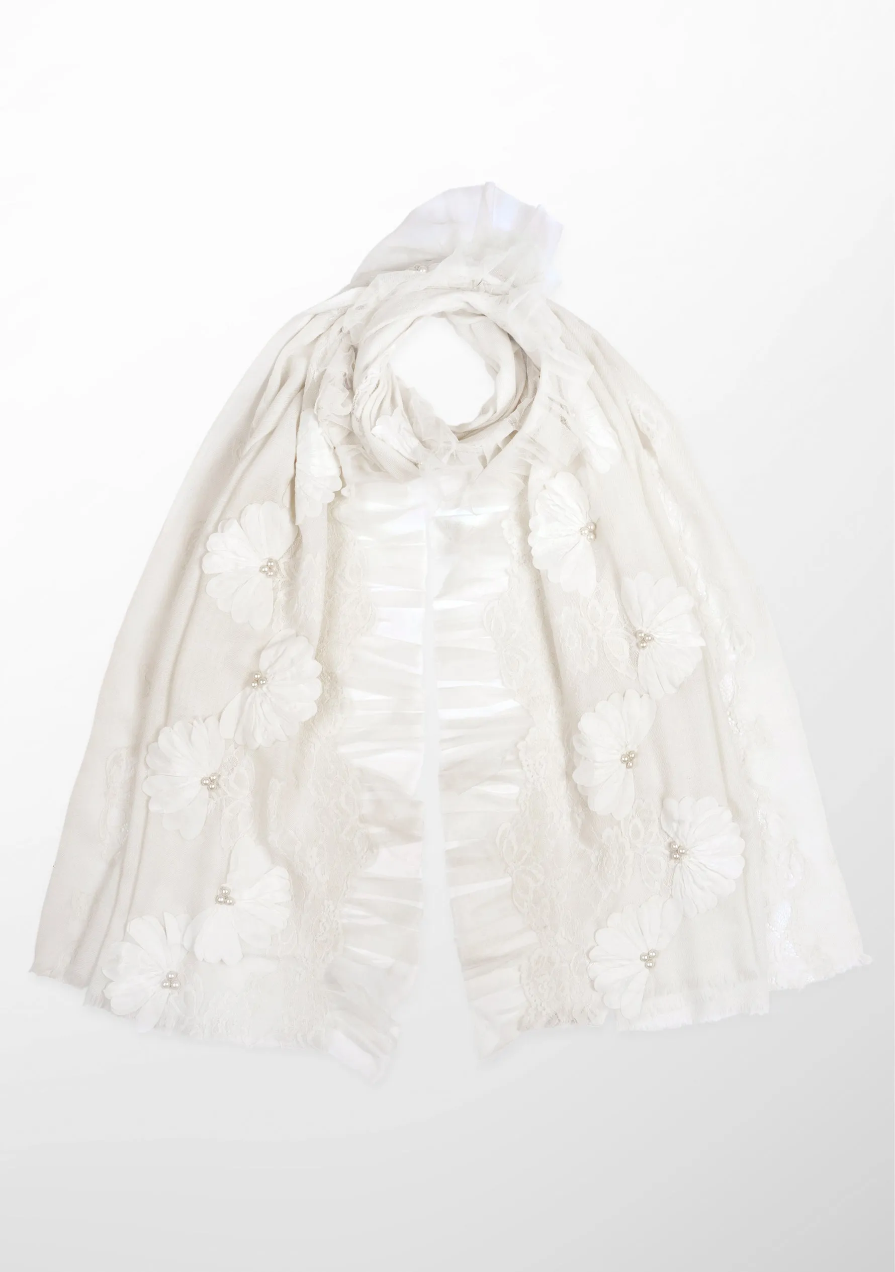 Ivory Cashmere Scarf with Pearls, Embroidery, Frill and Lace Detailing