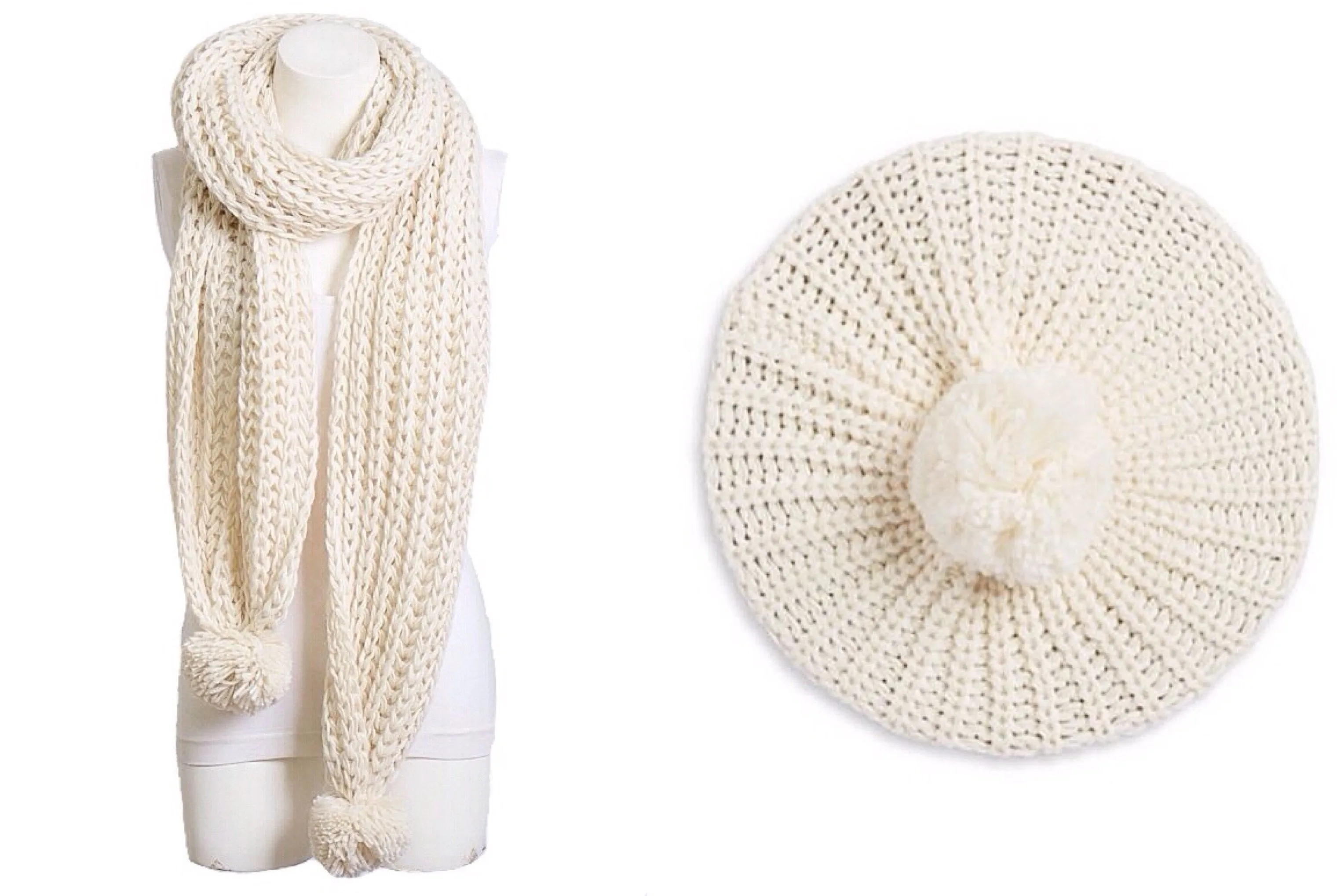 Knitted Pom Pom Scarf and Hat Set (2-Piece Set)