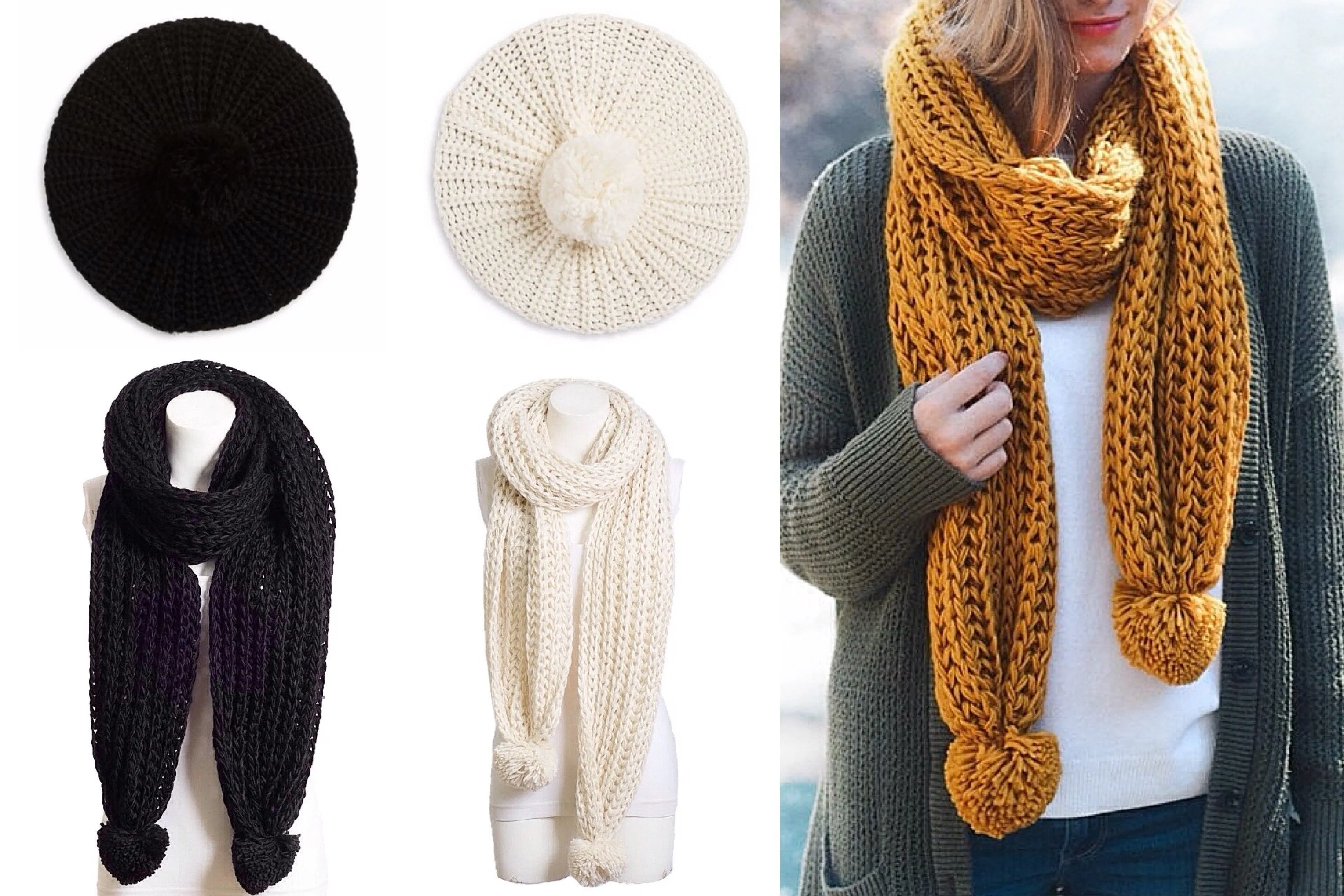 Knitted Pom Pom Scarf and Hat Set (2-Piece Set)