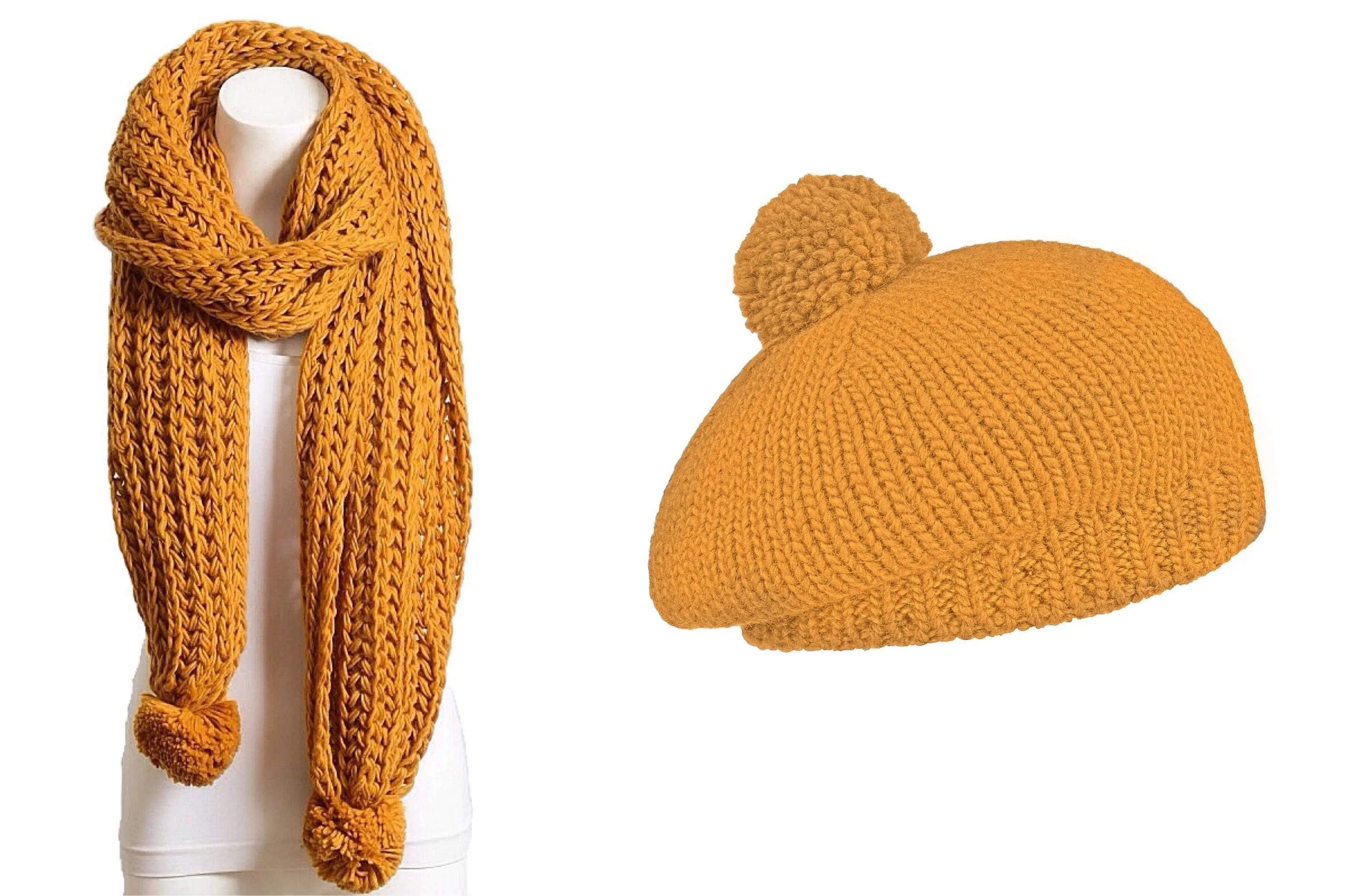 Knitted Pom Pom Scarf and Hat Set (2-Piece Set)