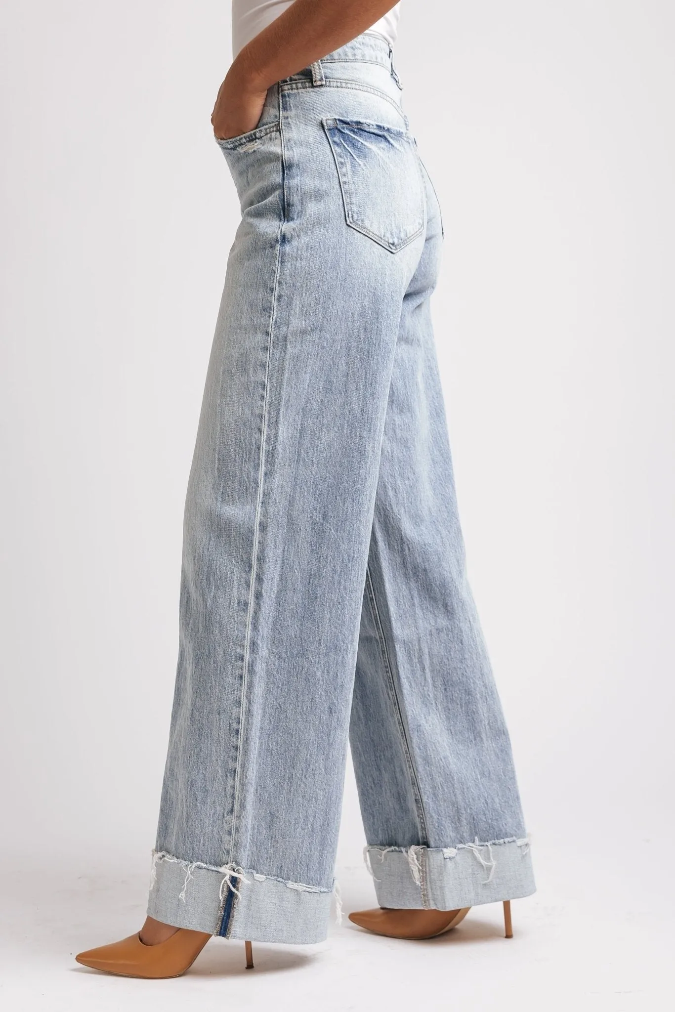 Light Wash Baggy Cuffed Wide Leg Jeans