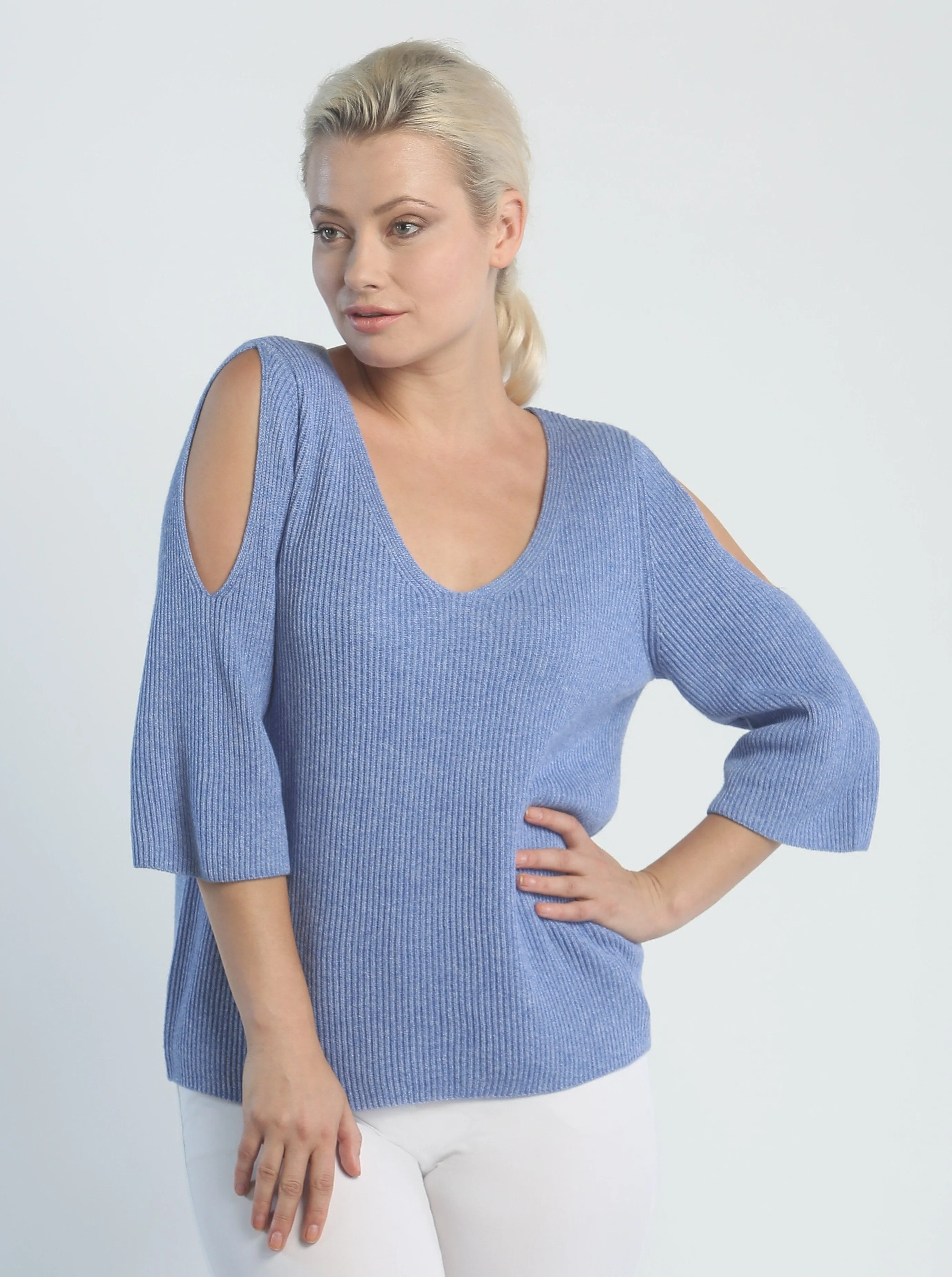 Open Shoulder V-Neck Pullover