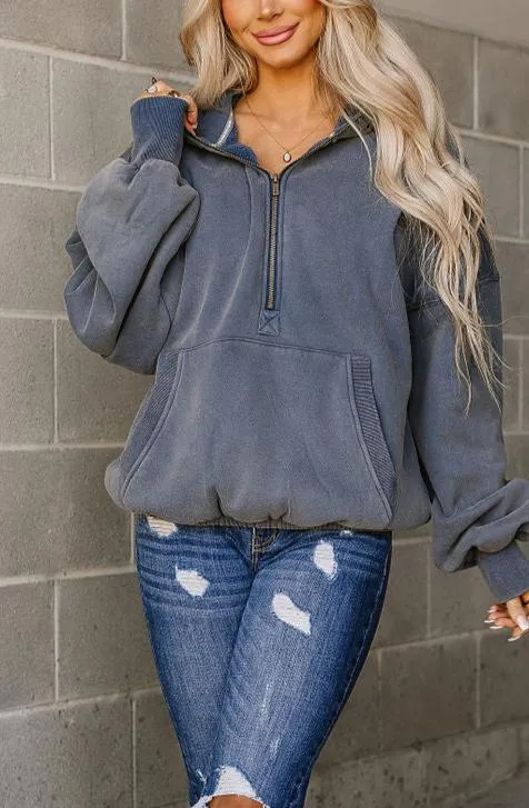 Oversized HalfZip Sweatshirt - Cool Blue