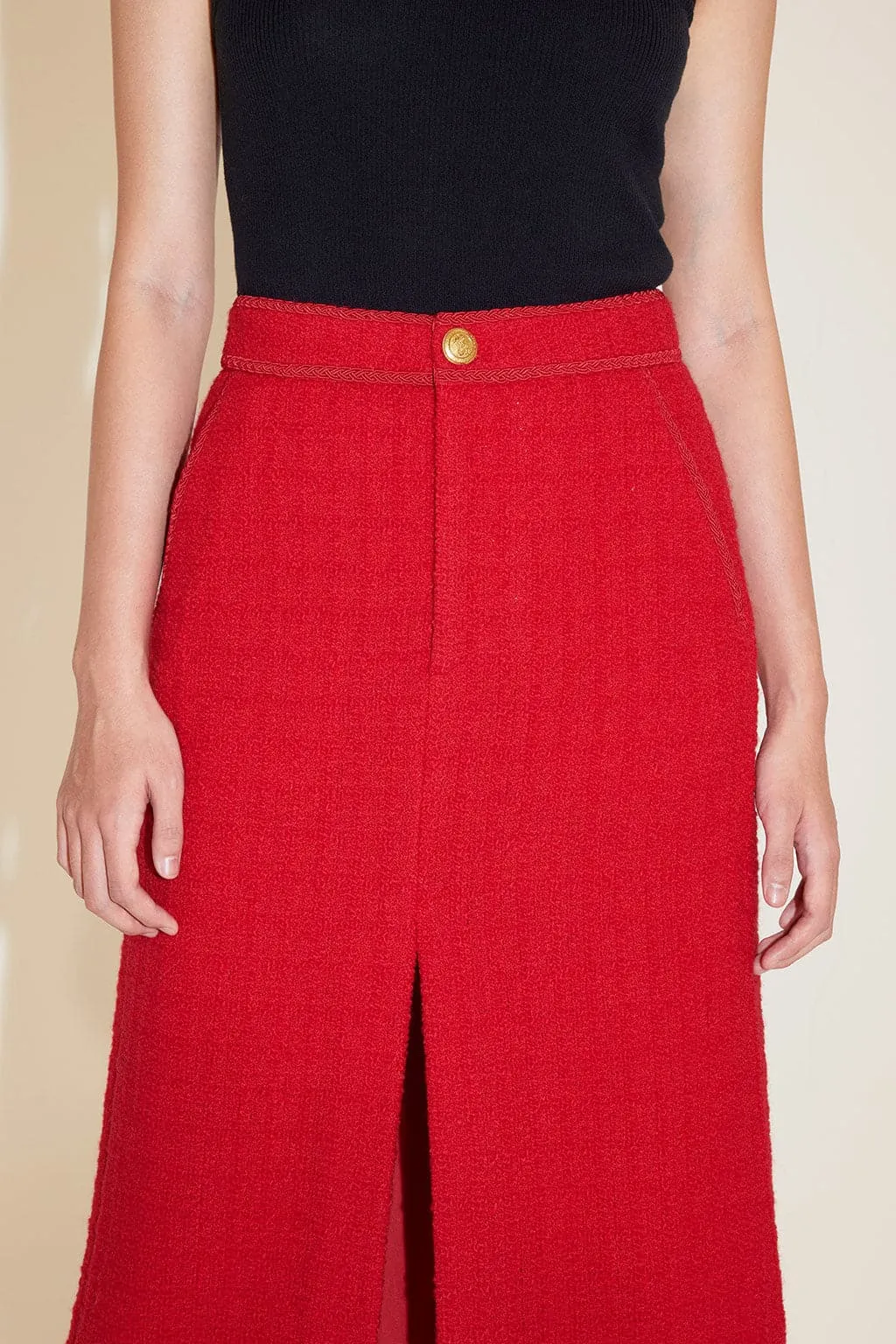 Red Tweed Slit Skirt