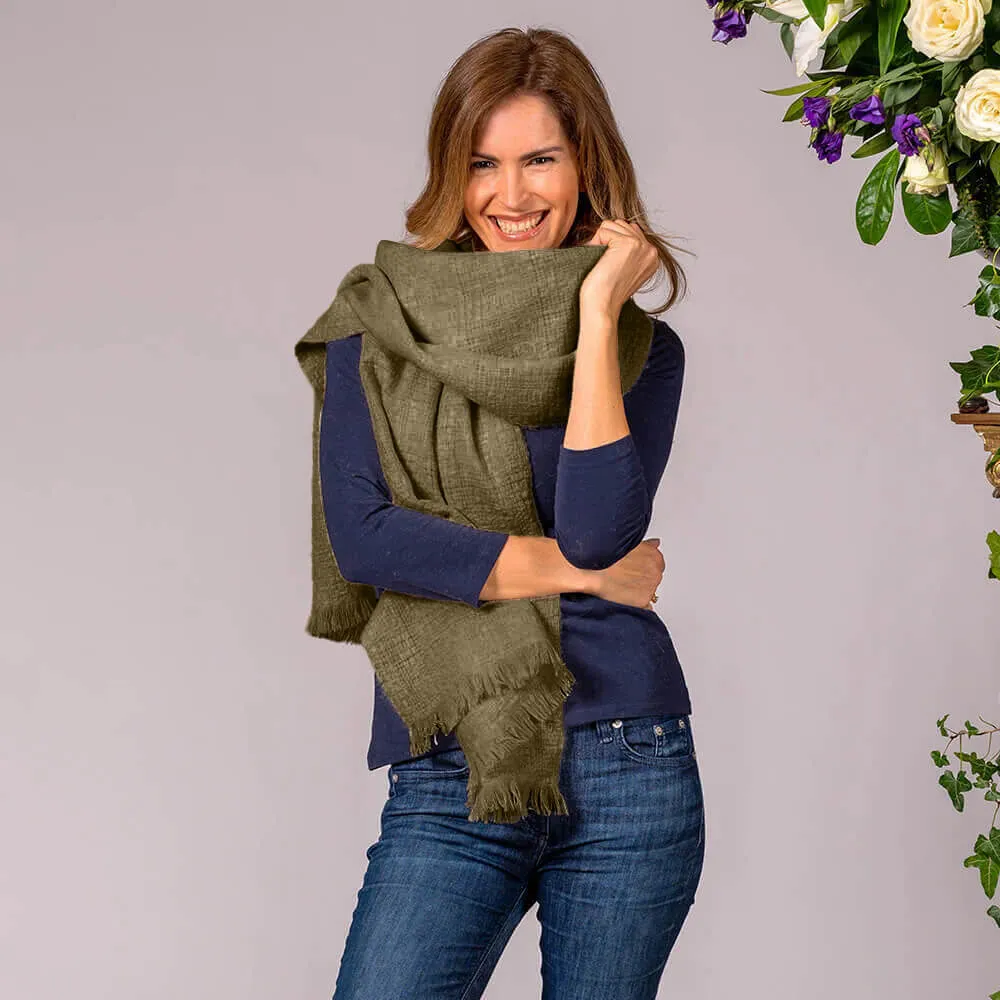 Super Luxe Olive Green Basket Weave Cashmere Shawl