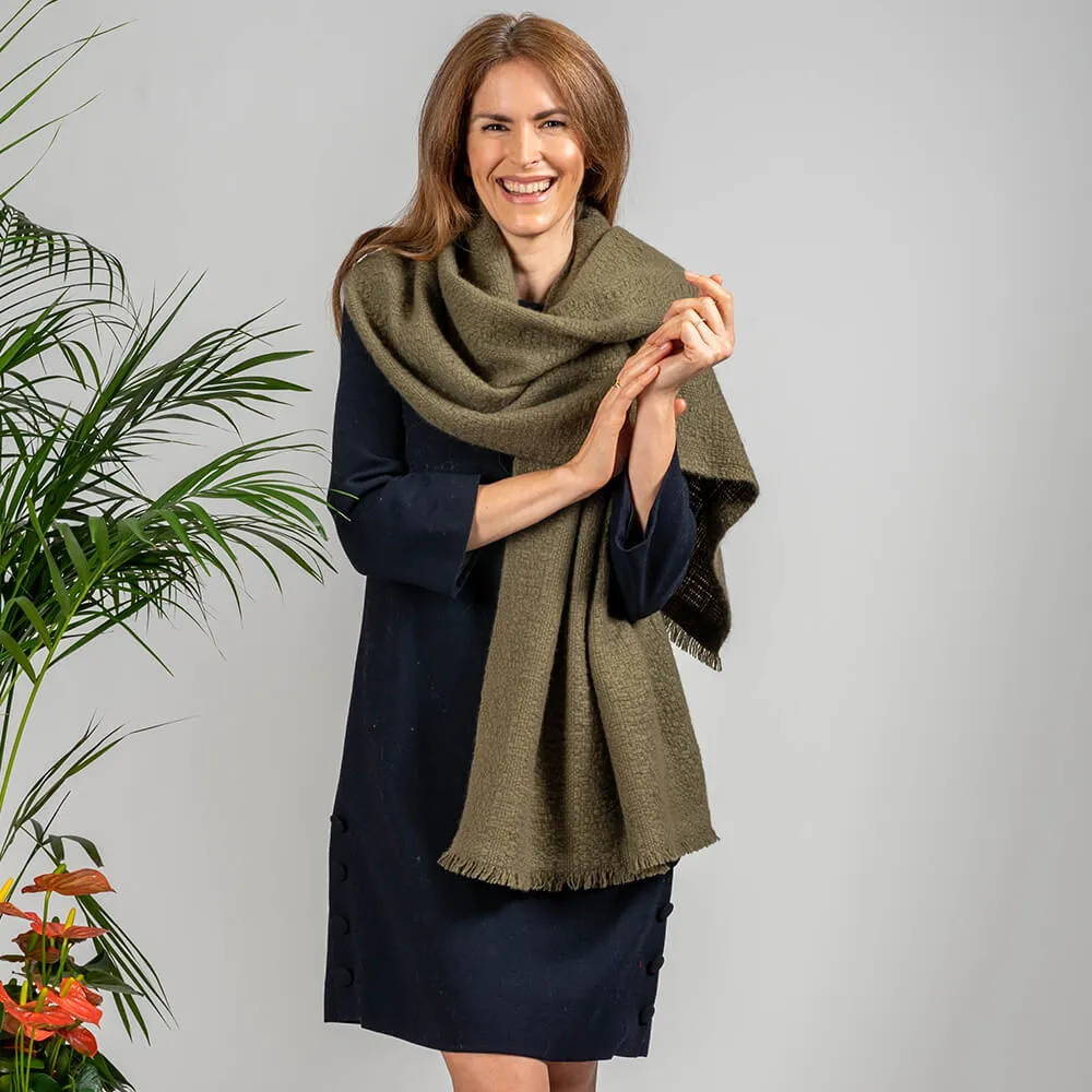 Super Luxe Olive Green Basket Weave Cashmere Shawl