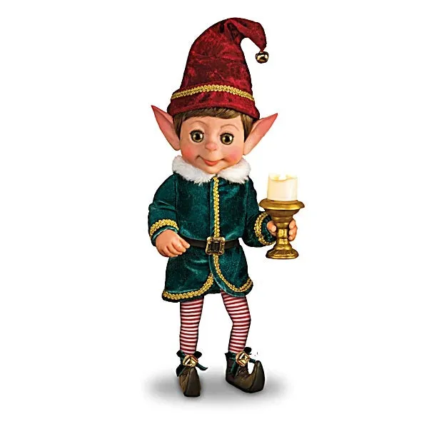 The Ashton-Drake Galleries Charlie Christmas Elf Collection Issue #1: 'Charlie Christmas Elf' Doll Handcrafted Holiday Elf with Light-Up Candle, Story Card, and Stocking Holiday Decorations by Ina Volprich 14-Inches