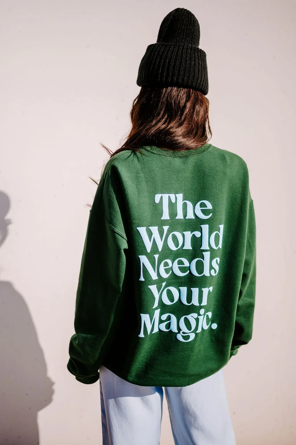 The World Needs Your Magic Puff Print Pullover in Emerald   Sky