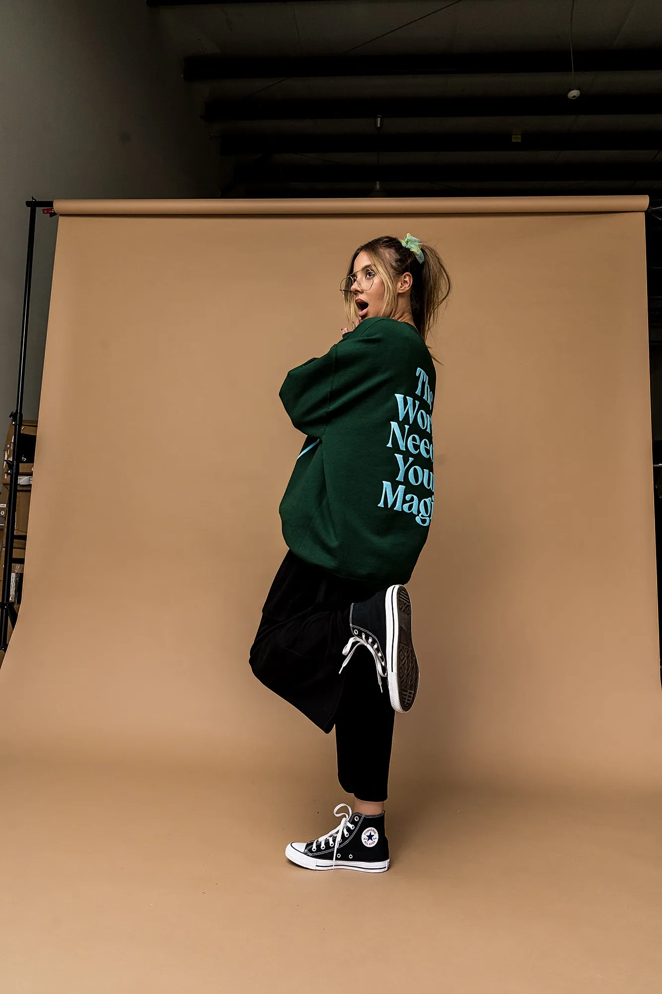 The World Needs Your Magic Puff Print Pullover in Emerald   Sky