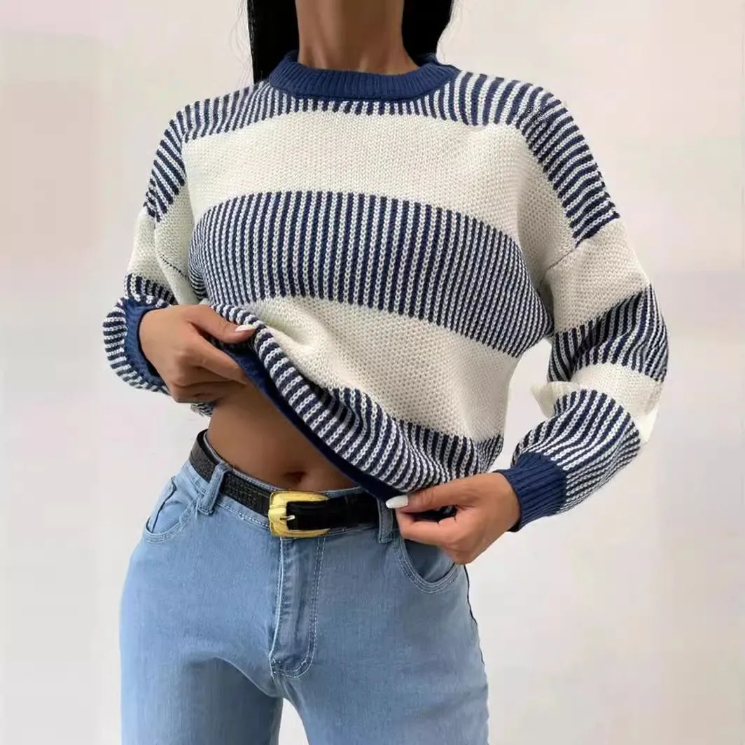 Vertical Stripes Color Block Sweaters Knitted Pullover