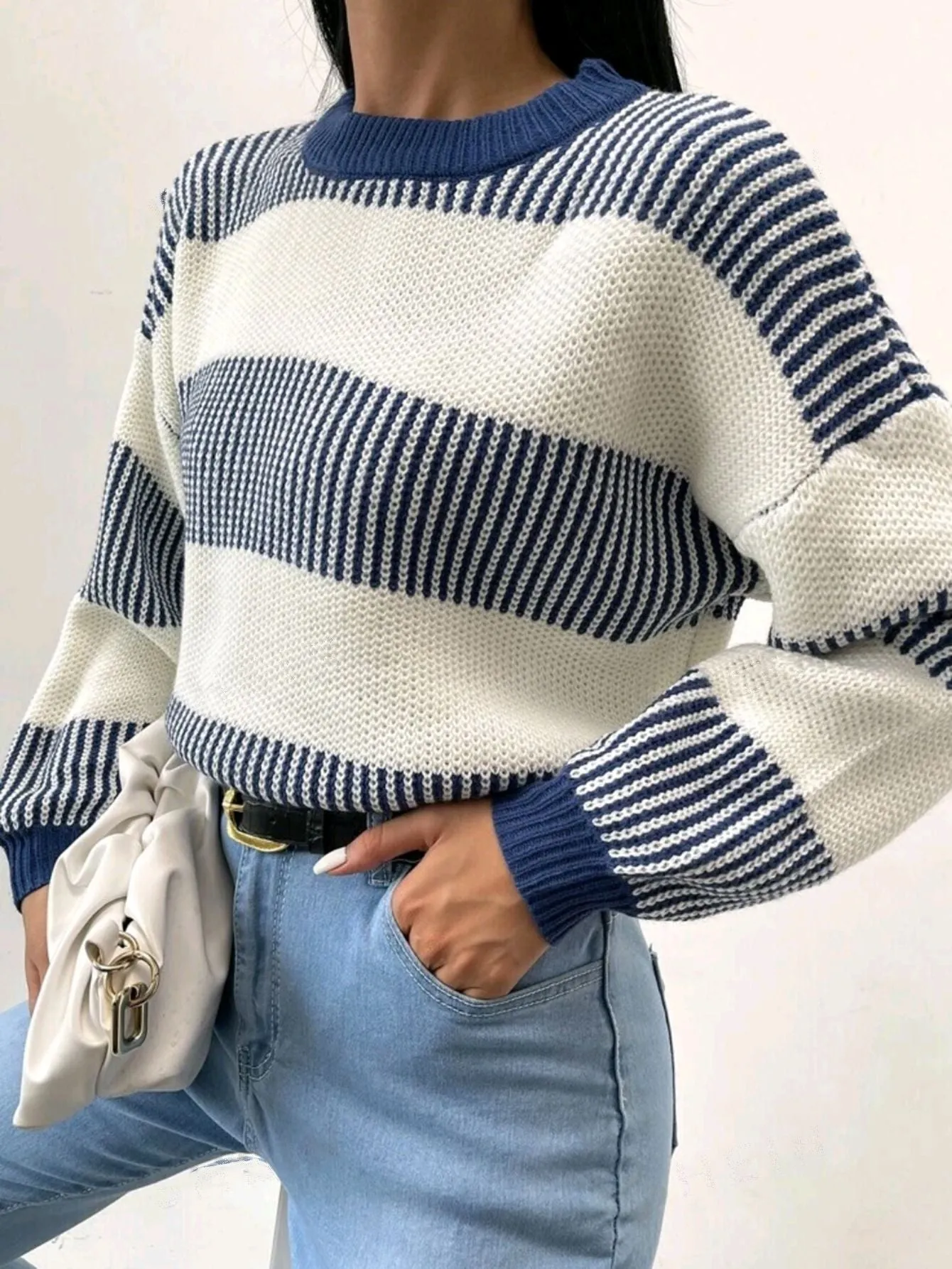 Vertical Stripes Color Block Sweaters Knitted Pullover