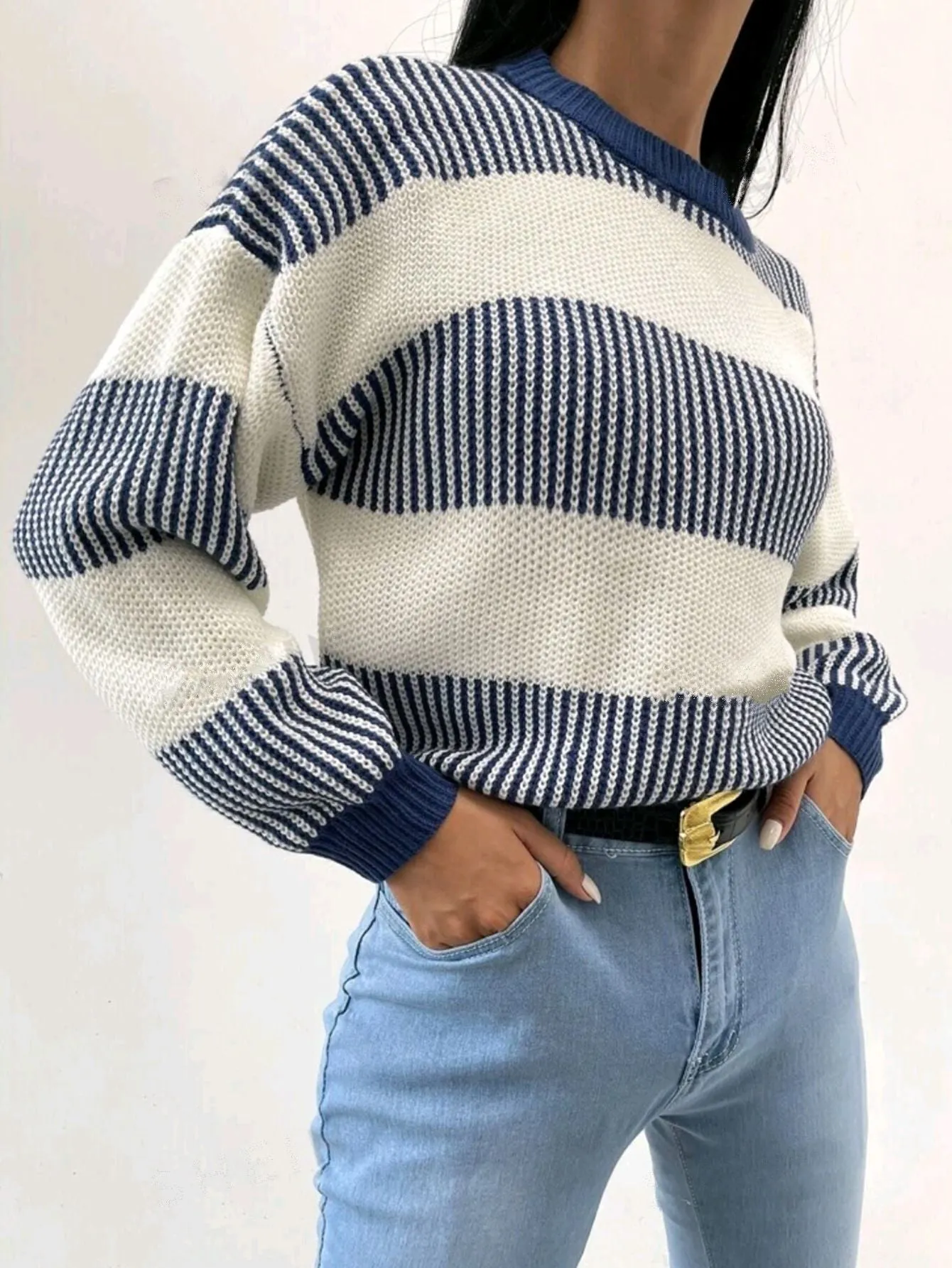 Vertical Stripes Color Block Sweaters Knitted Pullover