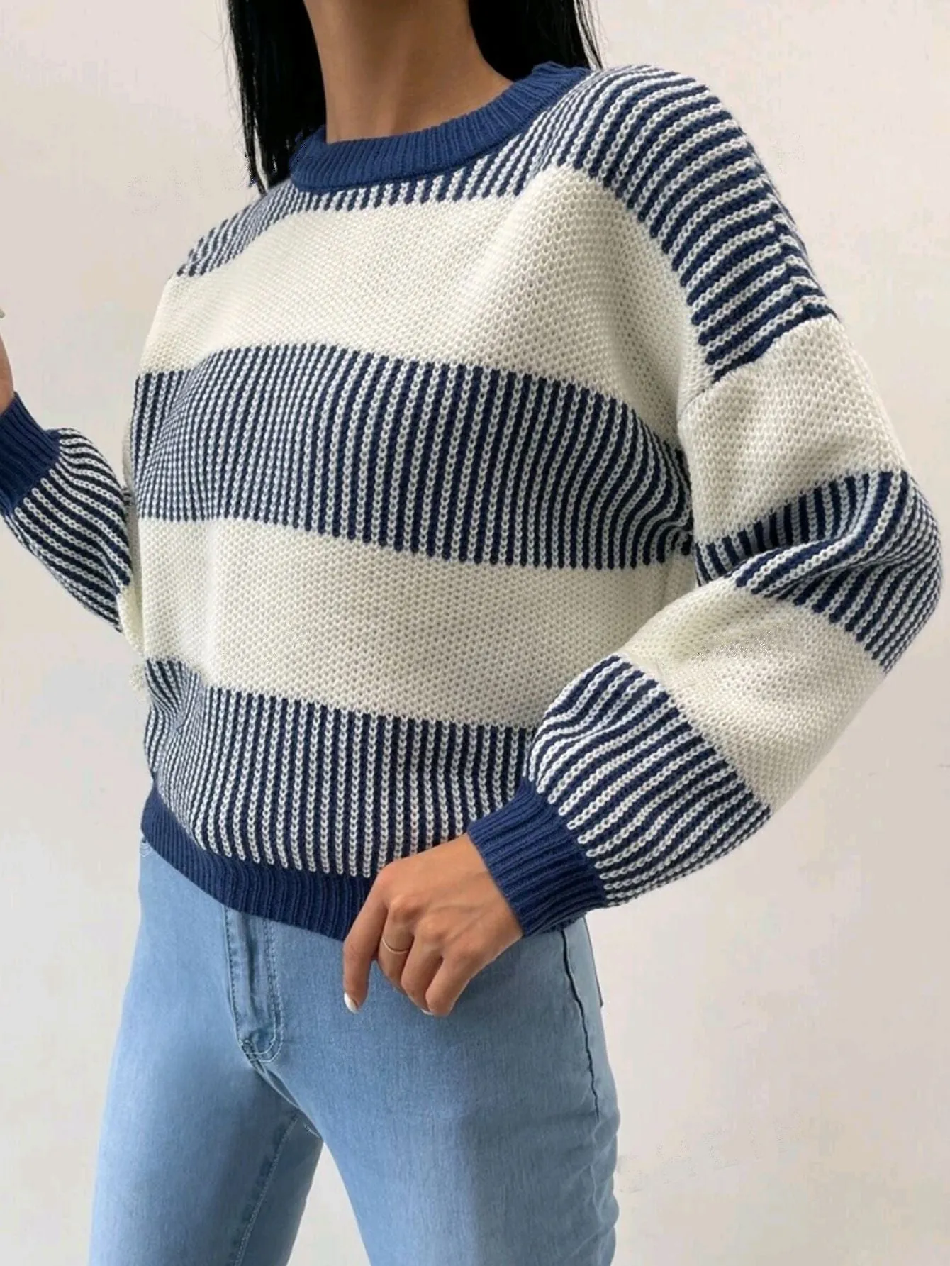 Vertical Stripes Color Block Sweaters Knitted Pullover