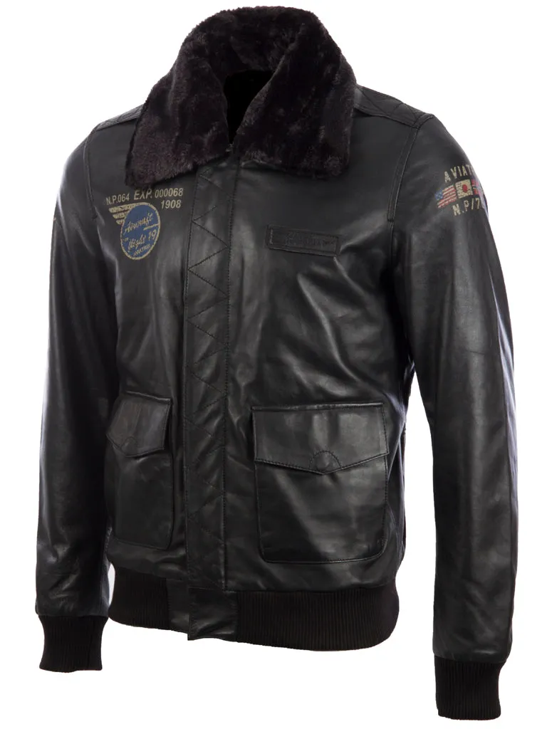 VGS3 Men's Aviator Bomber Jacket - Black/Black Fur