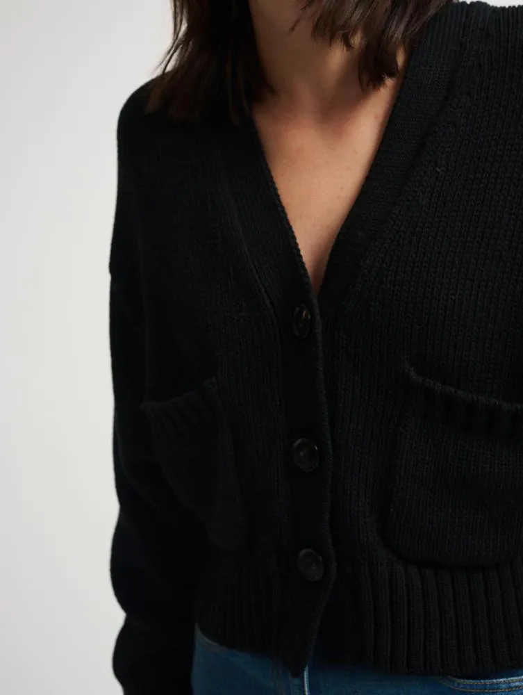 White  Warren - Core Spun Cotton Patch Pocket Cropped Cardigan in Black