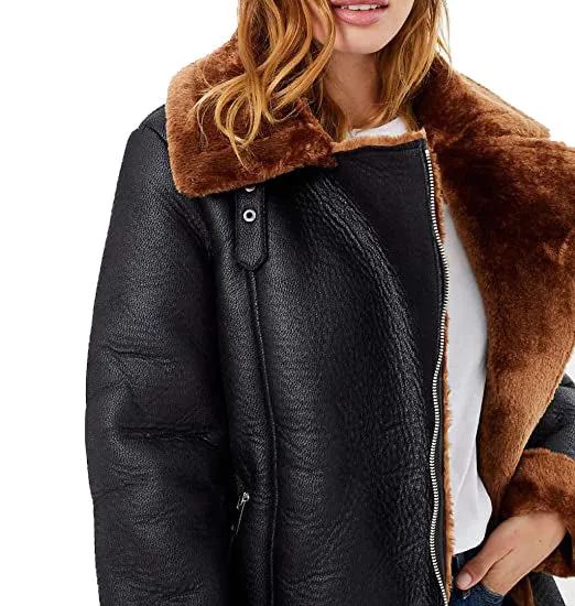 Women B3 Bomber Aviator Flying Real fur Sheepskin Shearling Leather Jacket