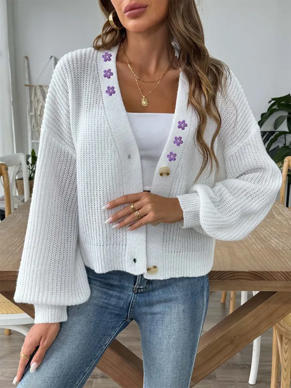 Women’s Button-Up Crop Cardigan | Purple Flower Embroidery Sweater