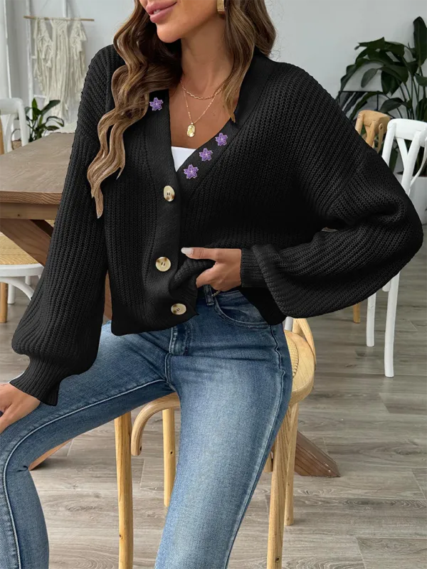 Women’s Button-Up Crop Cardigan | Purple Flower Embroidery Sweater