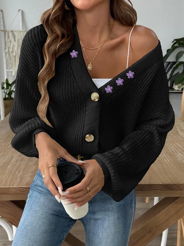 Women’s Button-Up Crop Cardigan | Purple Flower Embroidery Sweater