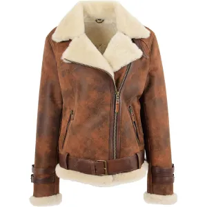 Womens Real Sheepskin Aviator Shearling Pilot Biker Style Jacket Antique Brown