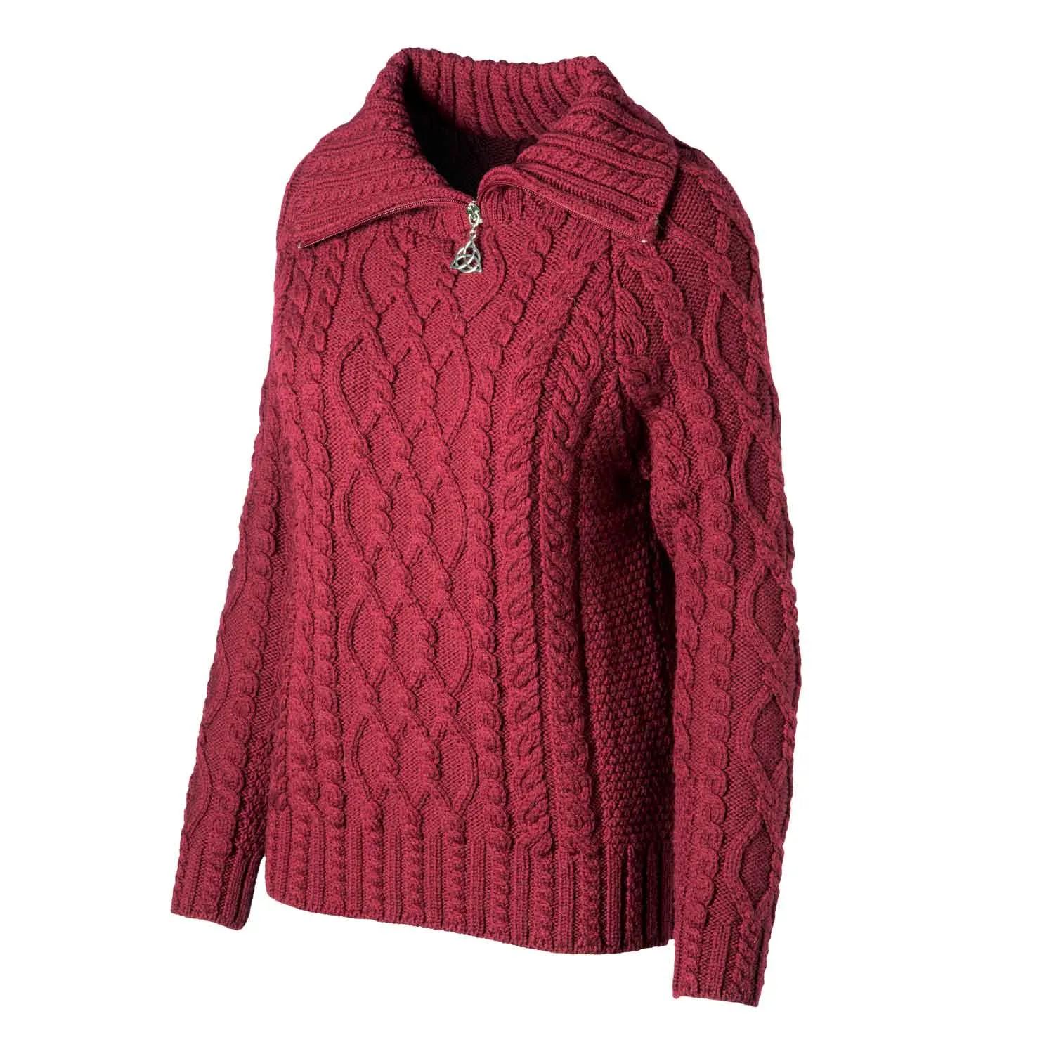 Women's Zipper Neck Aran Knit Sweater, Wine