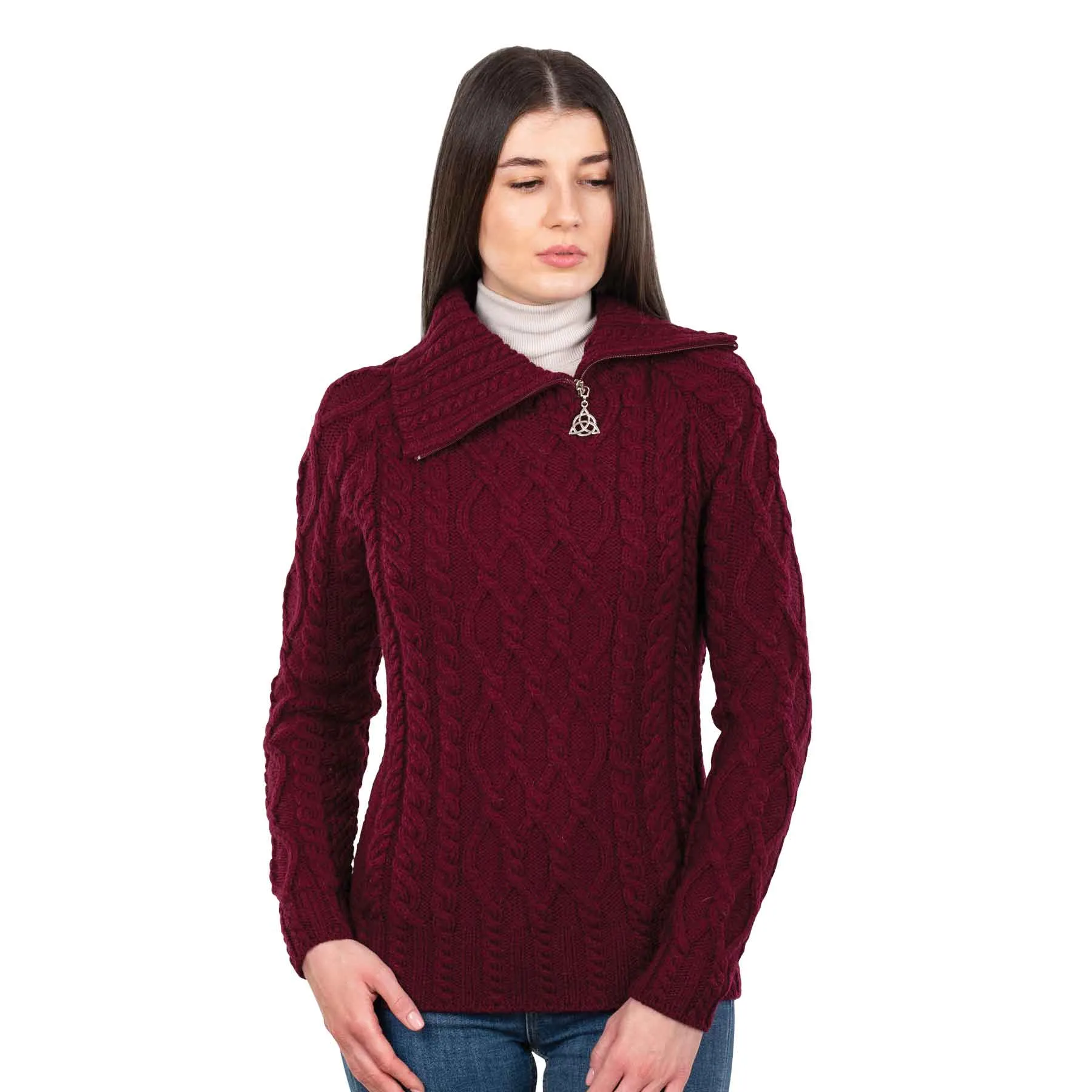 Women's Zipper Neck Aran Knit Sweater, Wine